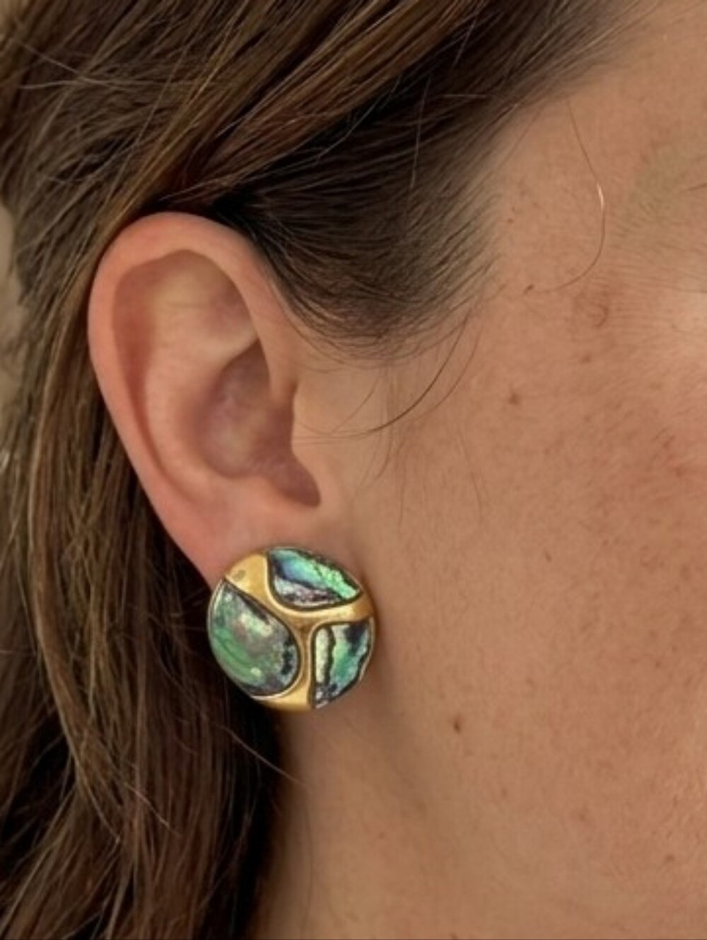 Vintage Abalone Shell Gold Button Stud Earrings Iridescent Mosaic Statement